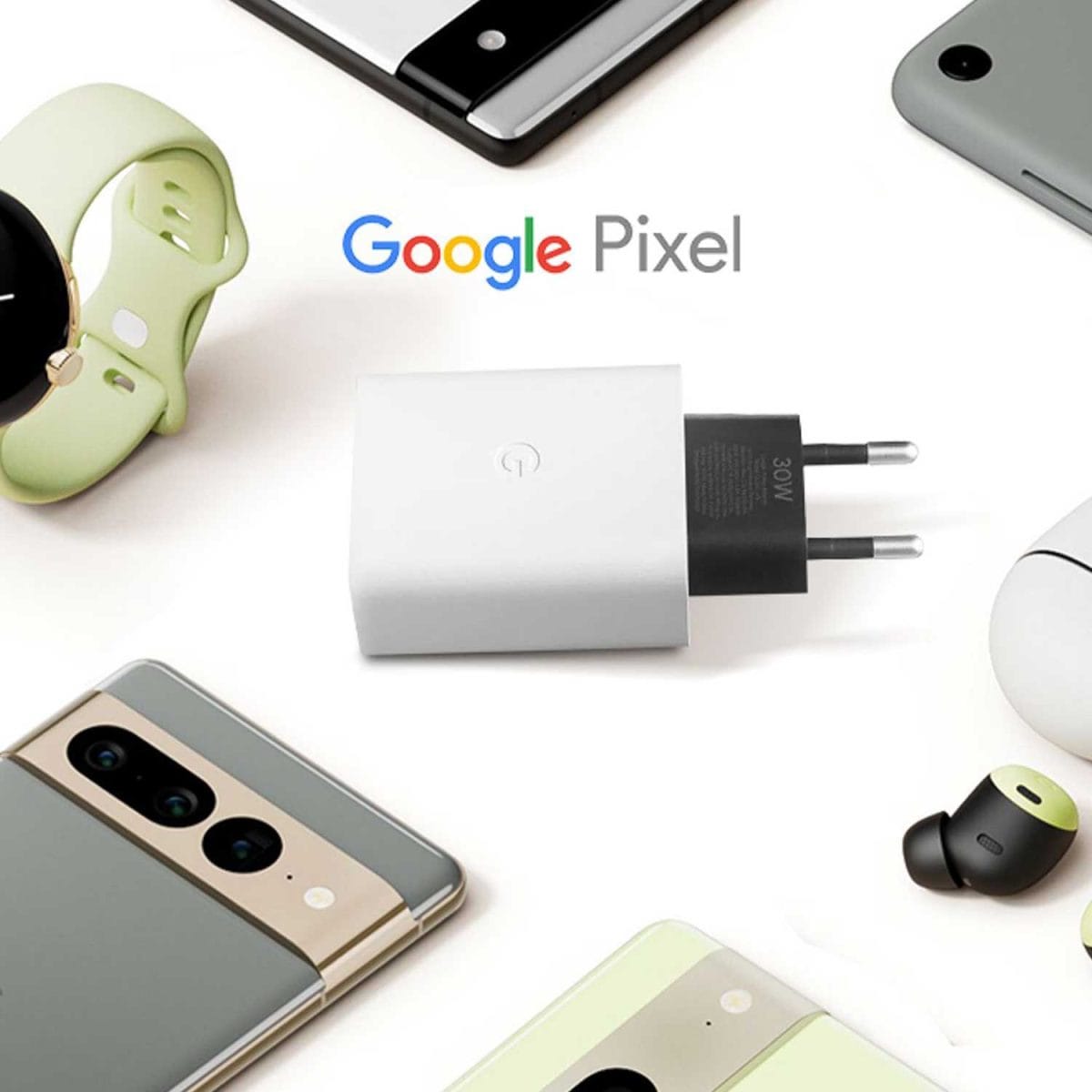 Google power adapter 30watt fast charger usb-c eu plugin commercial banner with compatible google devices