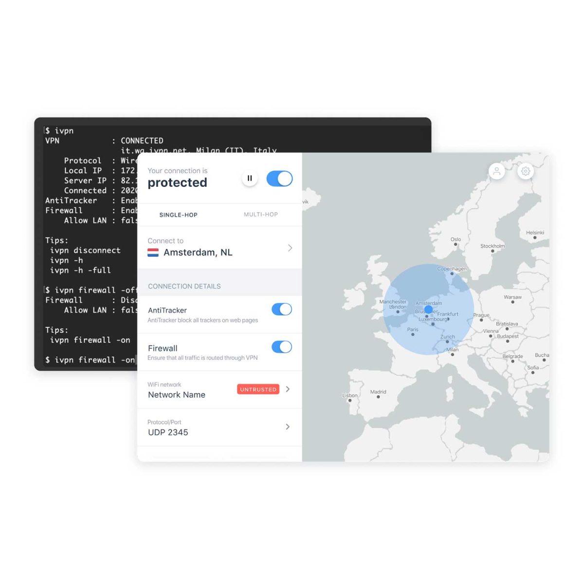 iVPN desktop and CLI command preview to change the country for secure connection