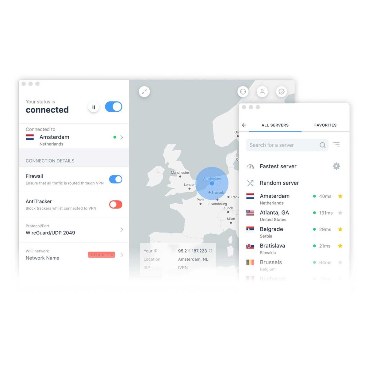 iVPN desktop and mobile app showing country switch feature