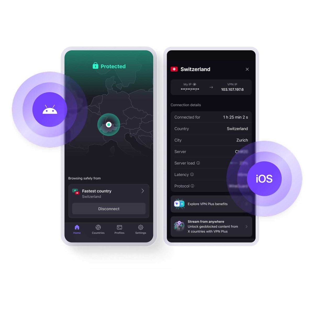 ProtonVPN-mobilapp, hvor der er en sikker forbindelse med Schweiz vpn-server på android og ios