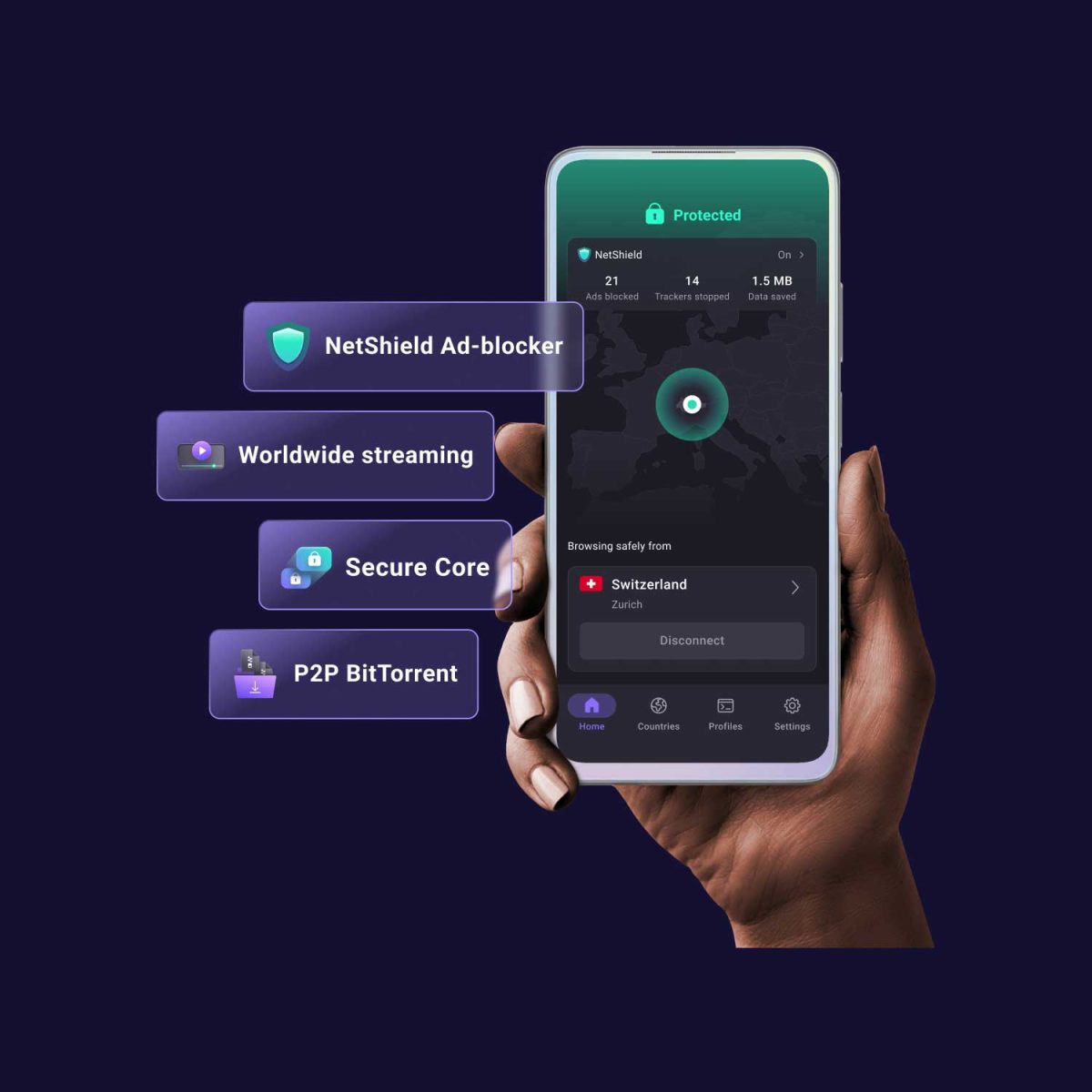 ProtonVPN desktop-app, der viser de beskyttede funktioner som netshield ad-blocker, verdensomspændende streaming, p2p bittorent