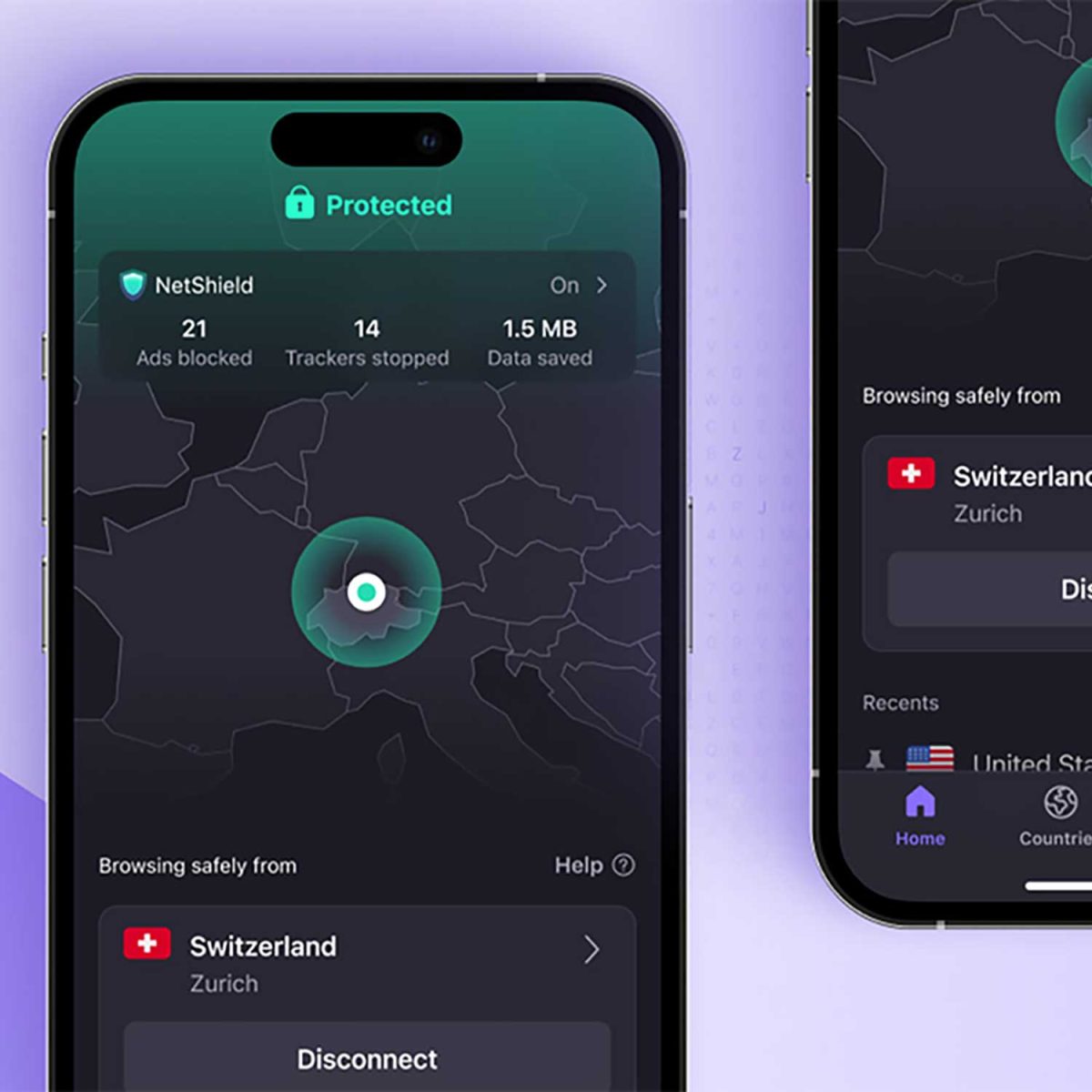 ProtonVPN-mobilappens visning, når vpn'en er blevet forbundet med Schweiz
