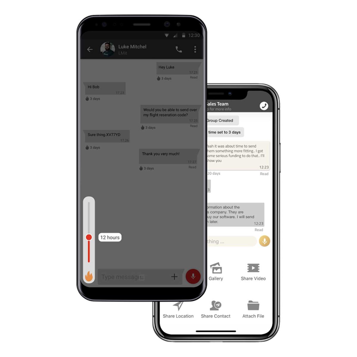 Silent Circle Messenger mobile app self-destruct message timer set on 12 hours