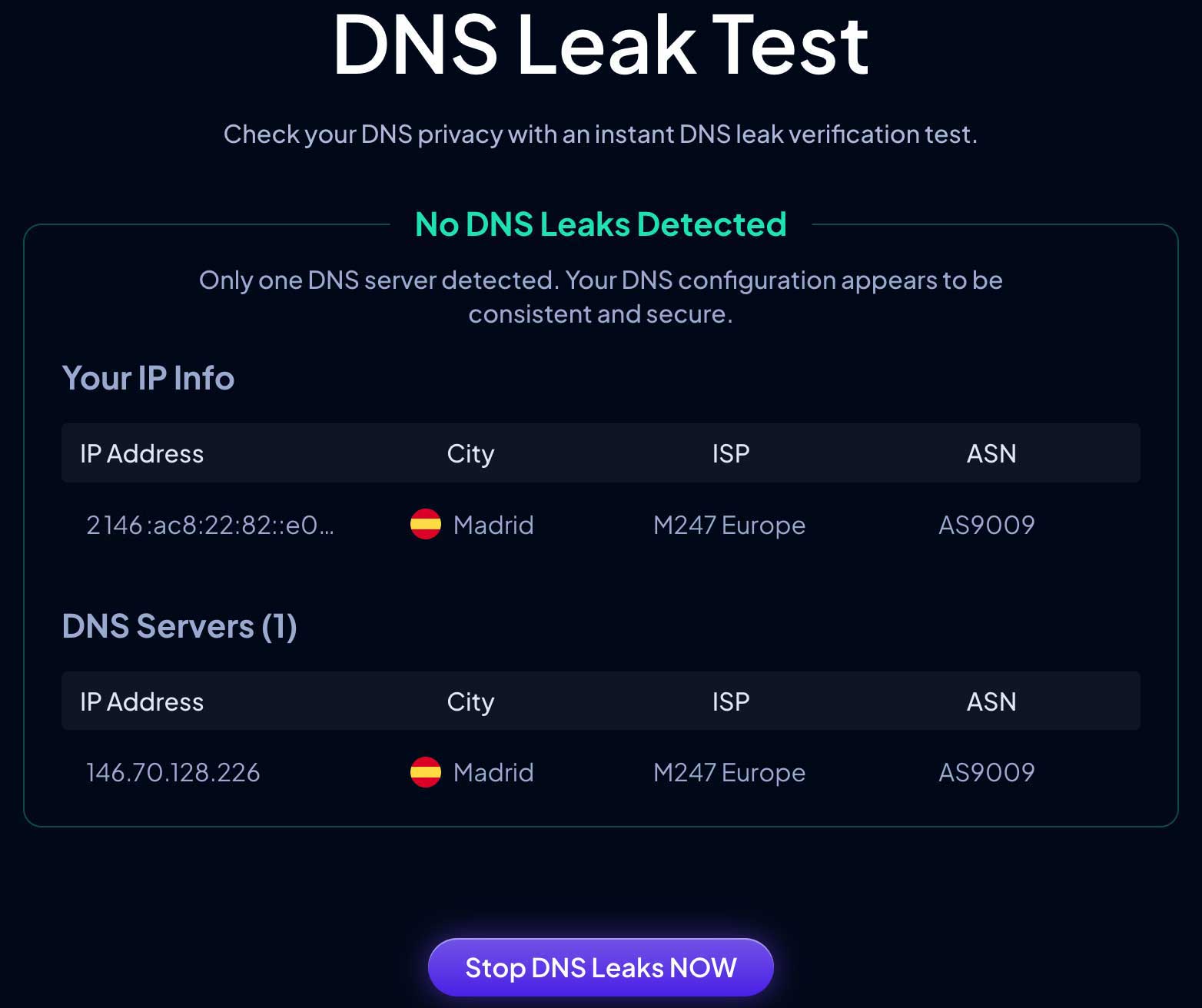 Think you’re safe just because you use a VPN? 1 test dns leak test results
